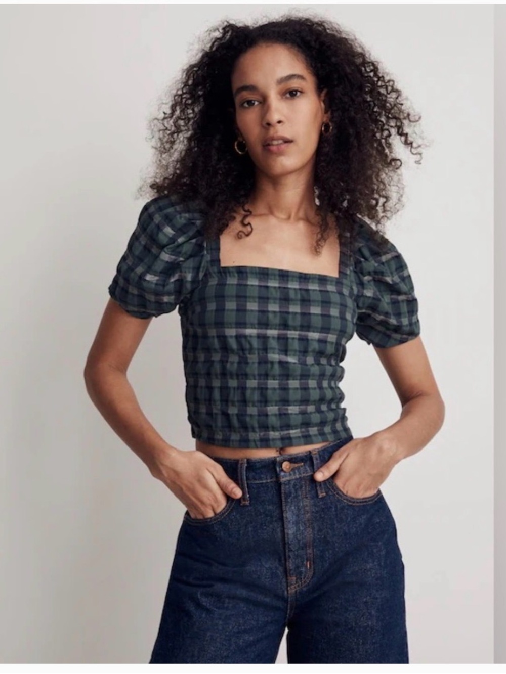 Madewell Hopewell Puff Sleeve Green Plaid Square-Neck Puff Sleeve Crop Top